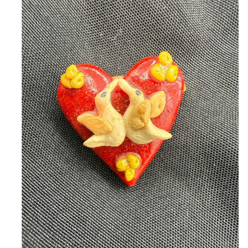 Vintage Handmade Red Heart Bird Brooch Pin Glossy Folk Art Whimsical Lovebirds